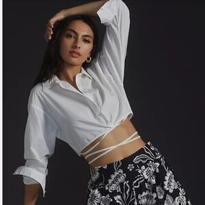 Anthropologie Cropped Tie Buttondown White Long Sleeve Collared Blouse Top Sz 1X